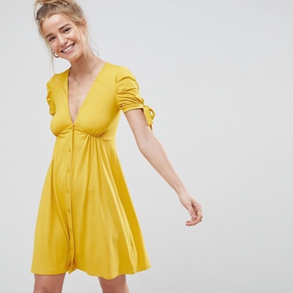 ASOS yellow mini tea dress w/ tie sleeves